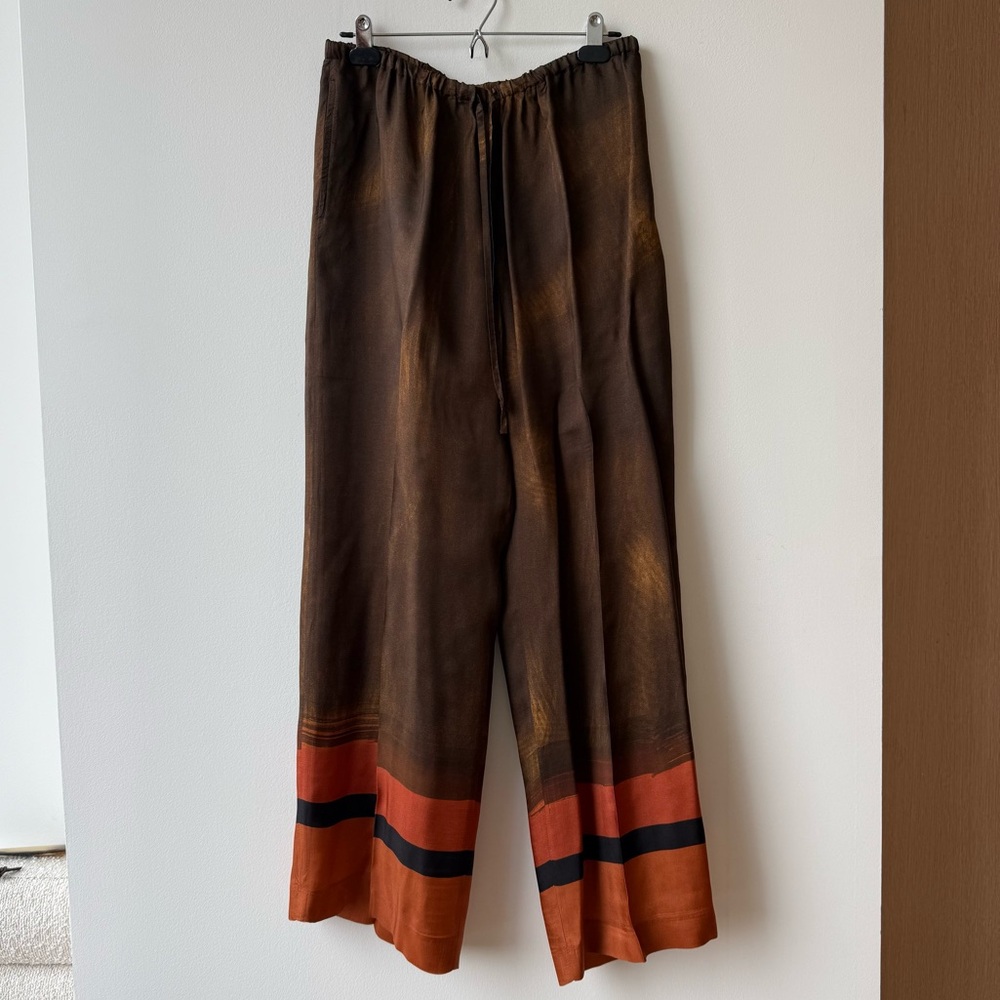 Dries Van Noten Wide Leg Baggy Printed Silk Pants, Size EU40, US8